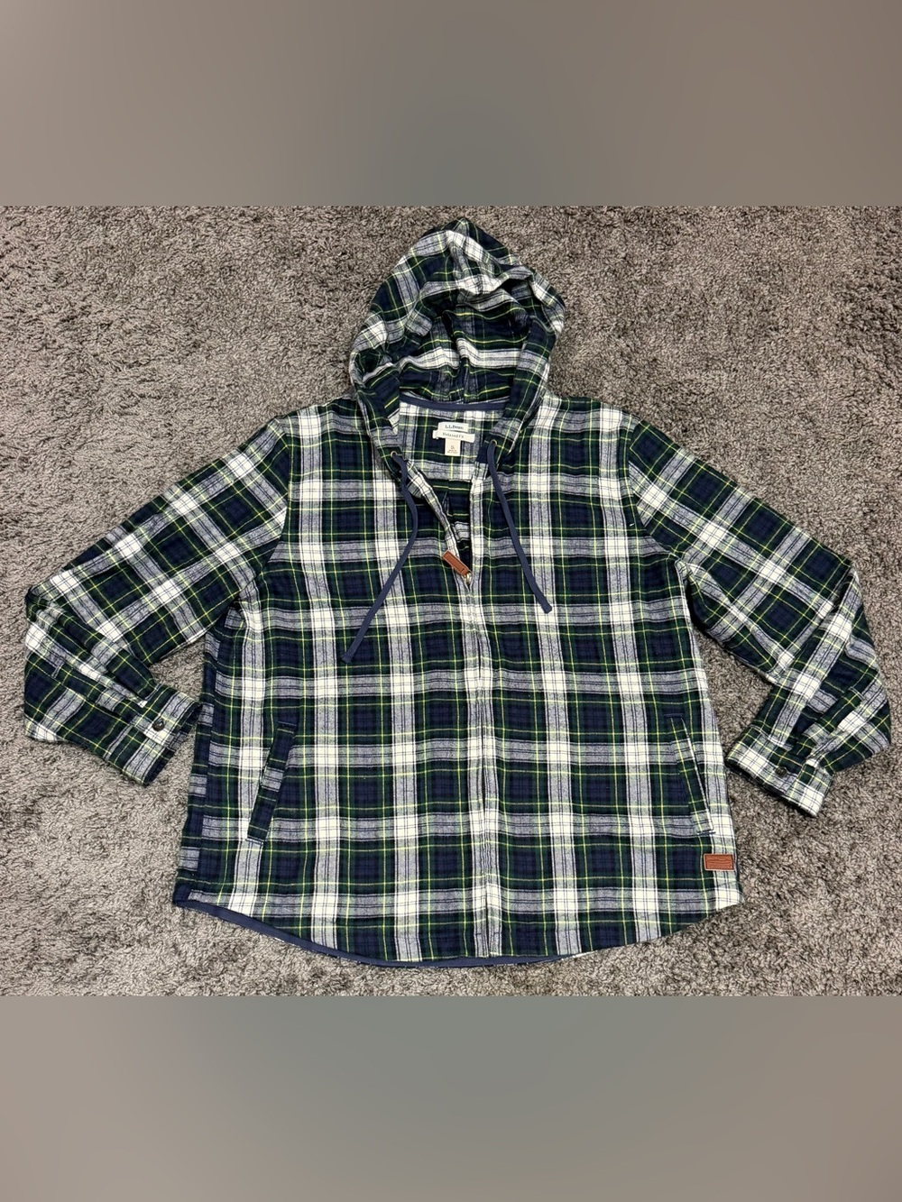 LL BEAN Blue Green Scotch Plaid Flannel Hooded Zip Front Jacket size XL